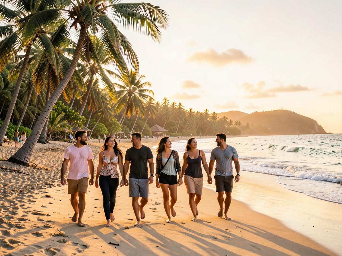 Grupo de viajantes caminhando na praia