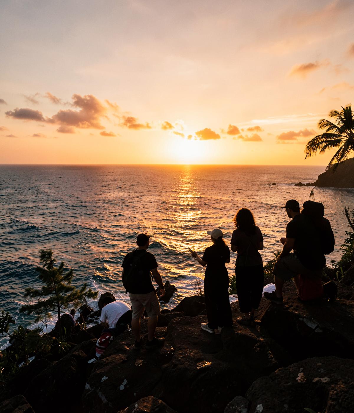 Grupo contemplando o pôr do sol na ilha