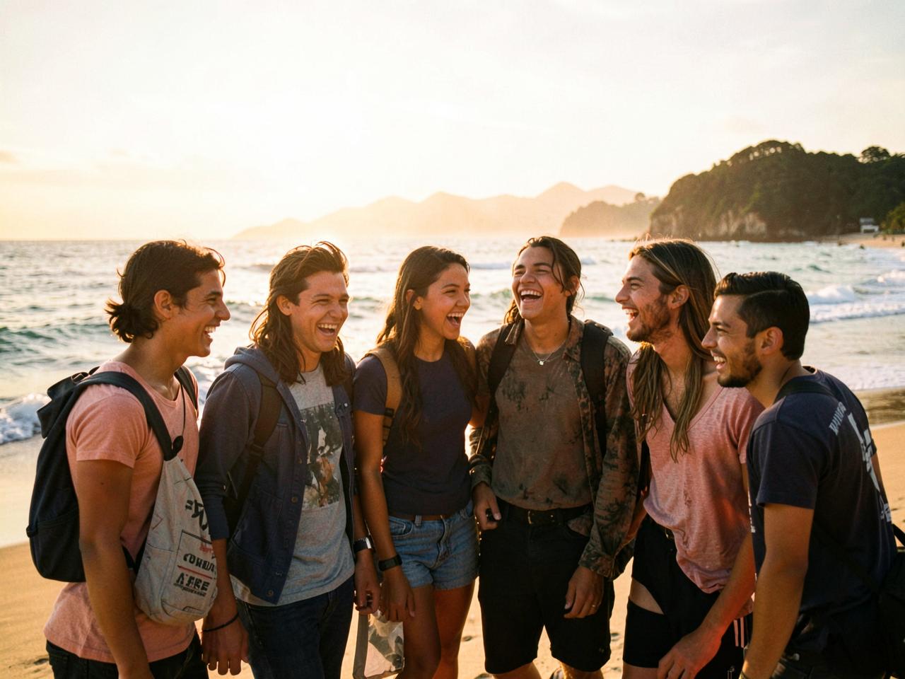 Grupo de viajantes na praia